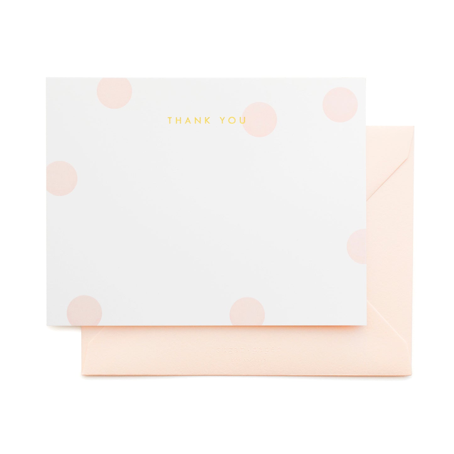 white card with large pale pink dots and gold foil thank you note set, pale pink envelopes