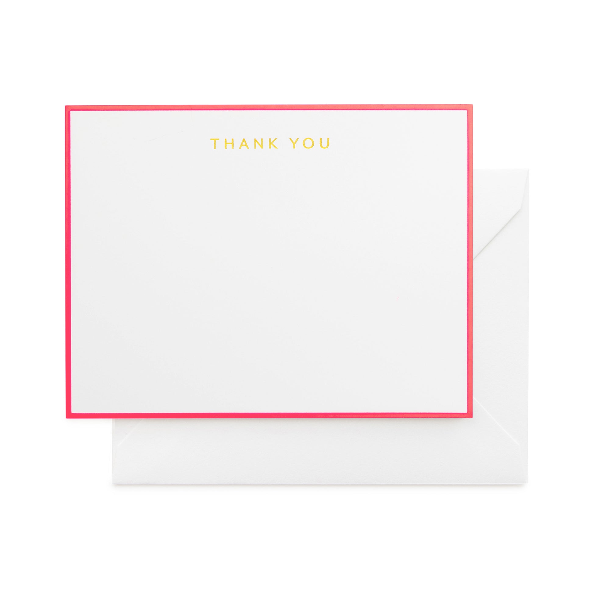 white cards with neon pink border and gold foil thank you note set, white envelopes