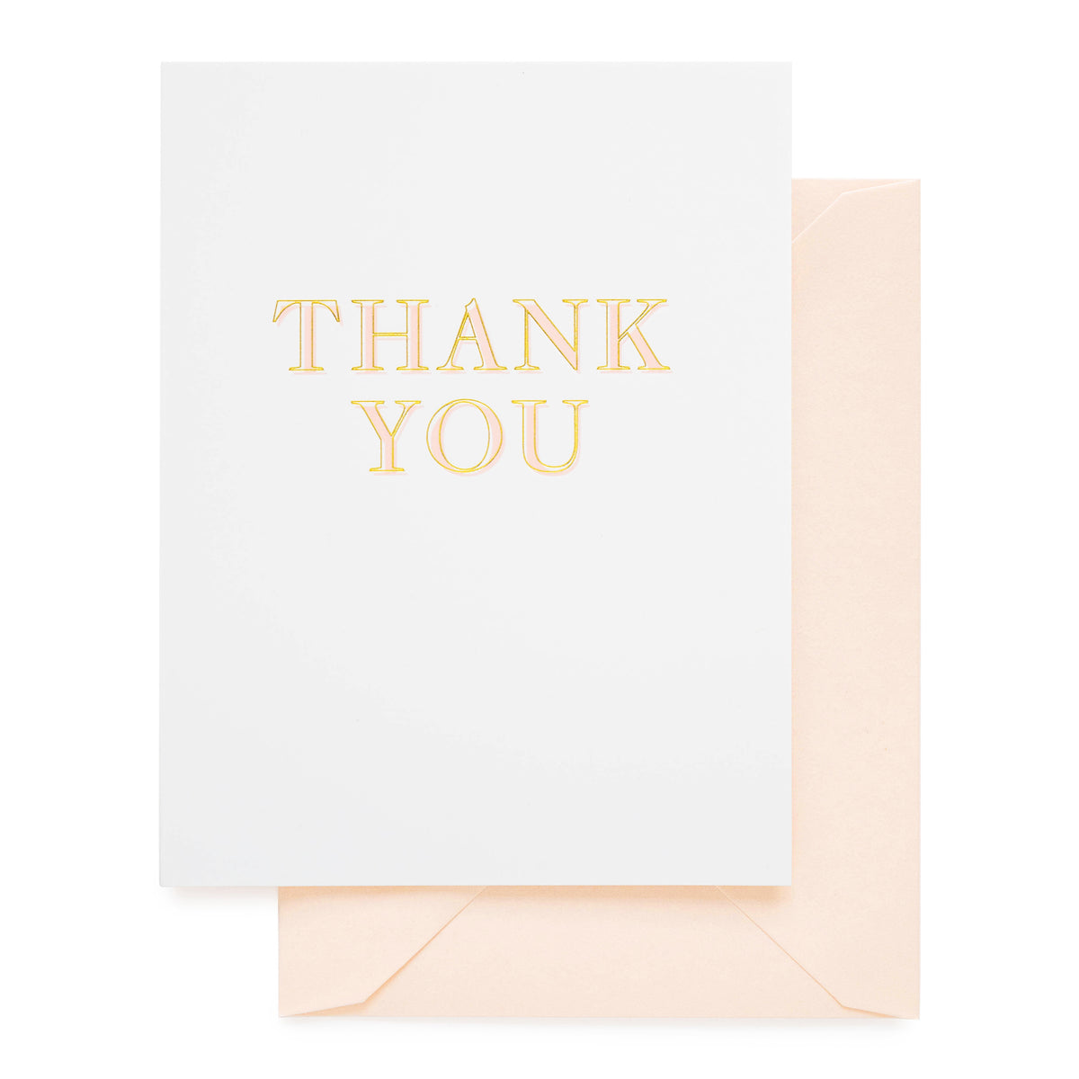 Etched pink and gold foil thank you card printed on white paper with a pink envelope
