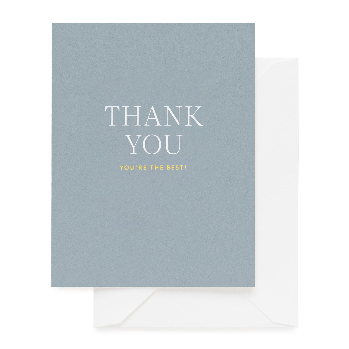Slate blue card printed with thank you you're the best in white and gold foil
