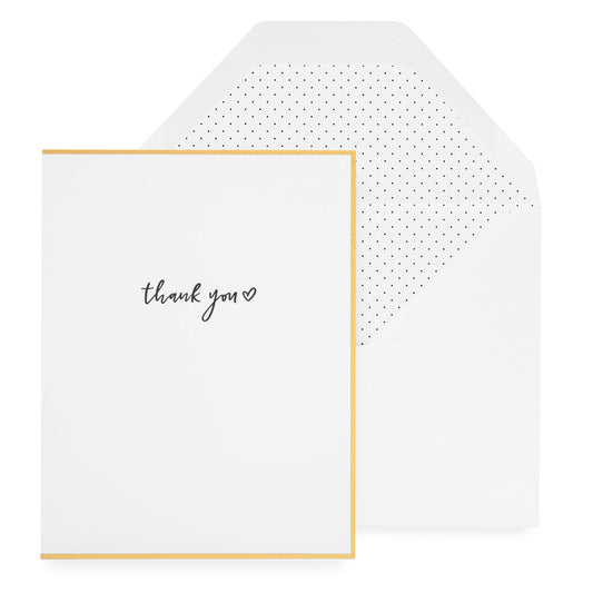 Black thank you heart card with gold painted border and a black pindot envelope liner