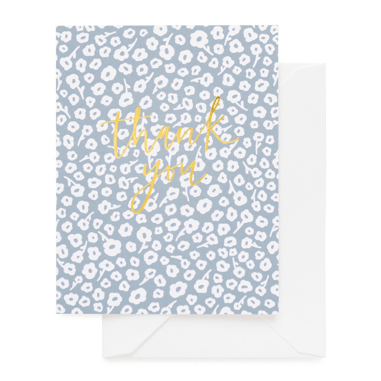 blue floral card with gold foil script and white envelope}