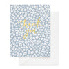 blue floral card with gold foil script and white envelope