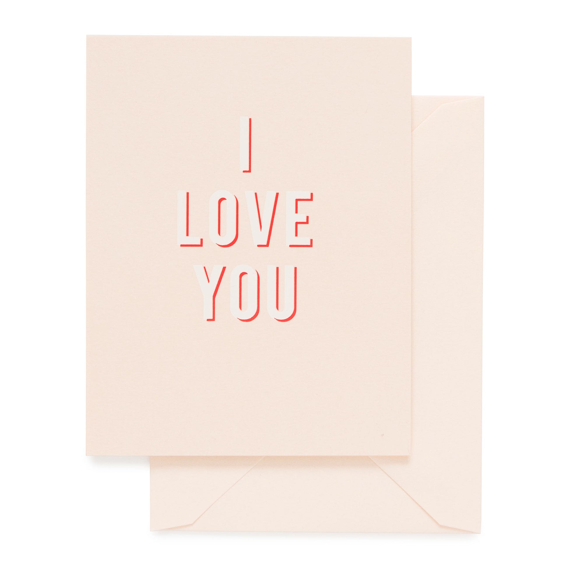Pale pink card printed with red and white ink I LOVE YOU
