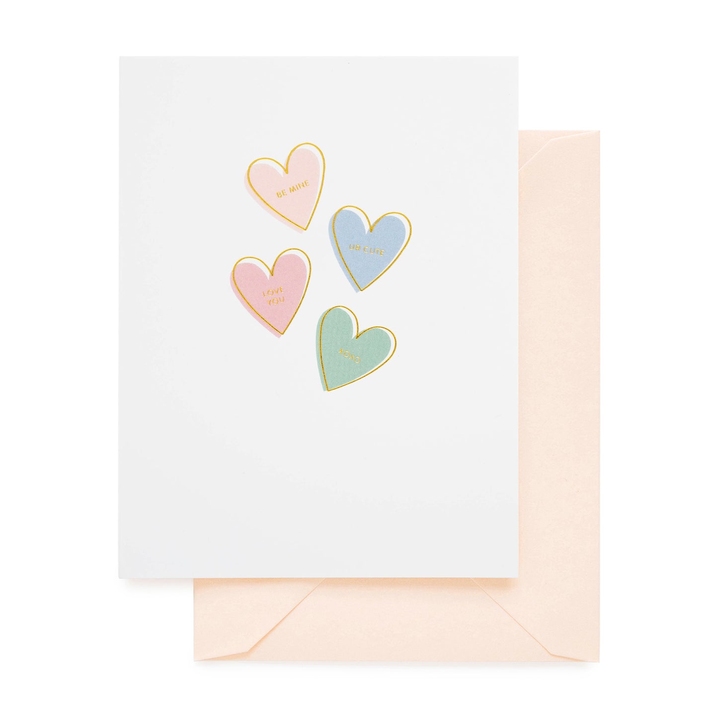 Colorful Candy conversation hearts printed on white card with pink envelope