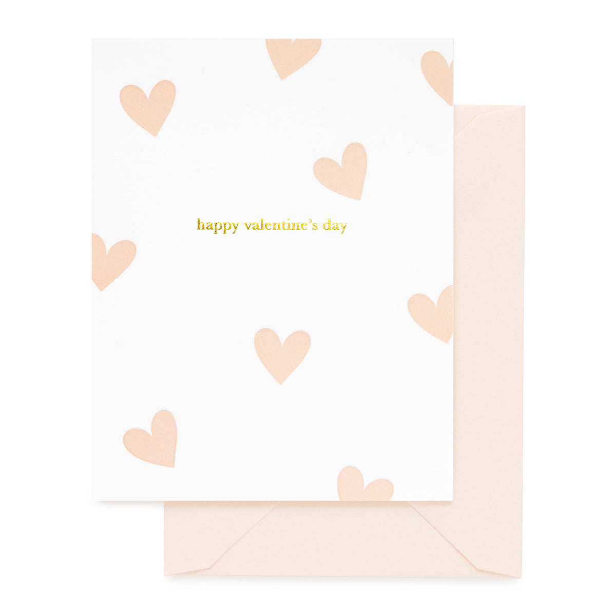 white card with gold text and pale pink hearts, pale pink envelope