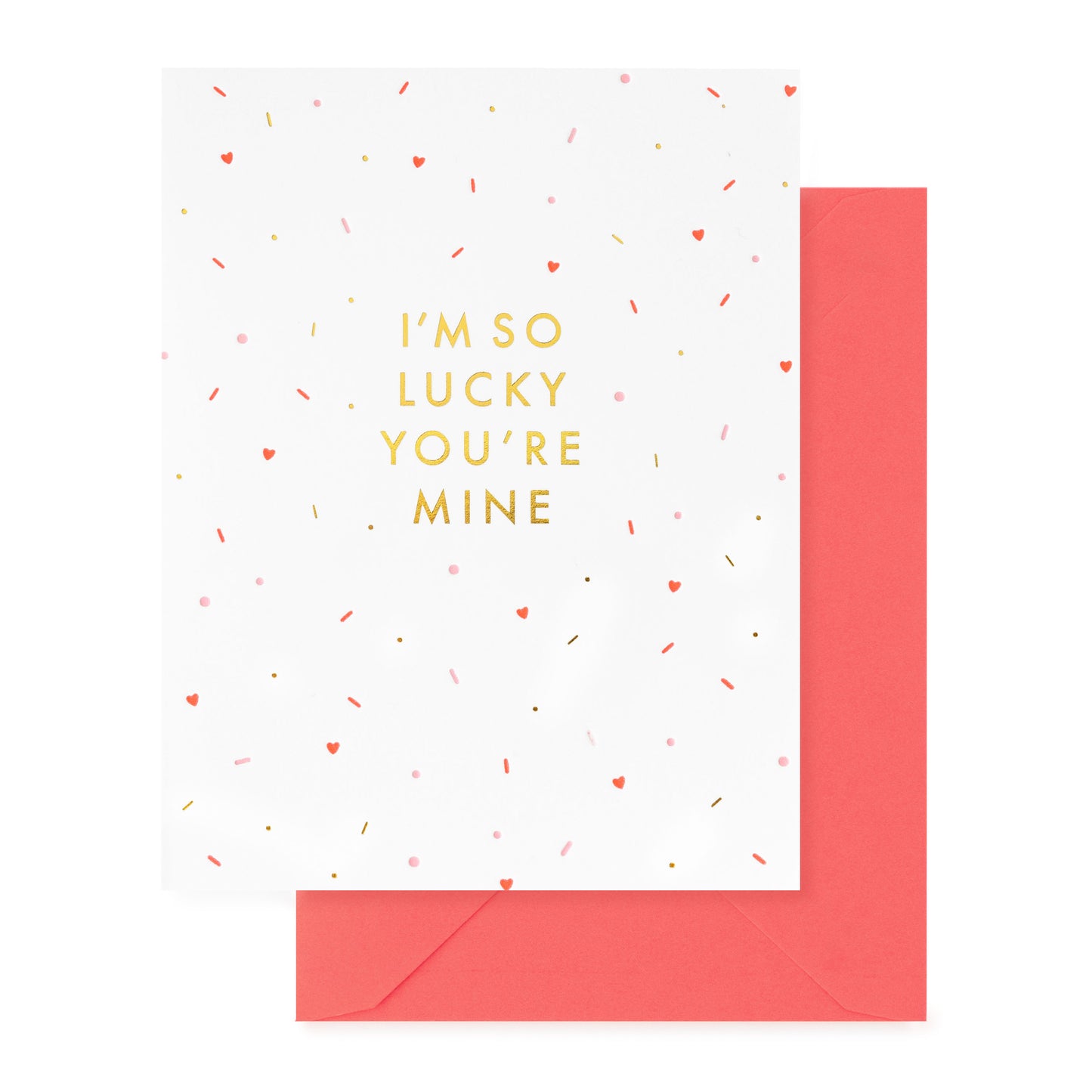 white card with gold text + multicolored confetti, neon envelope