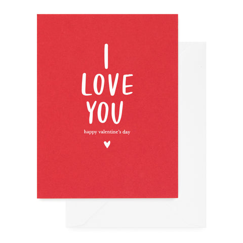 red card with white foil text and white envelope