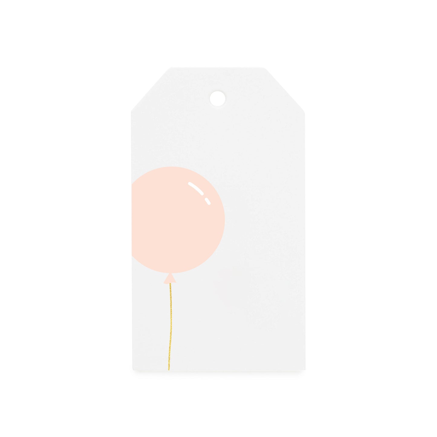 white gift tag with pink balloon and gold foil string