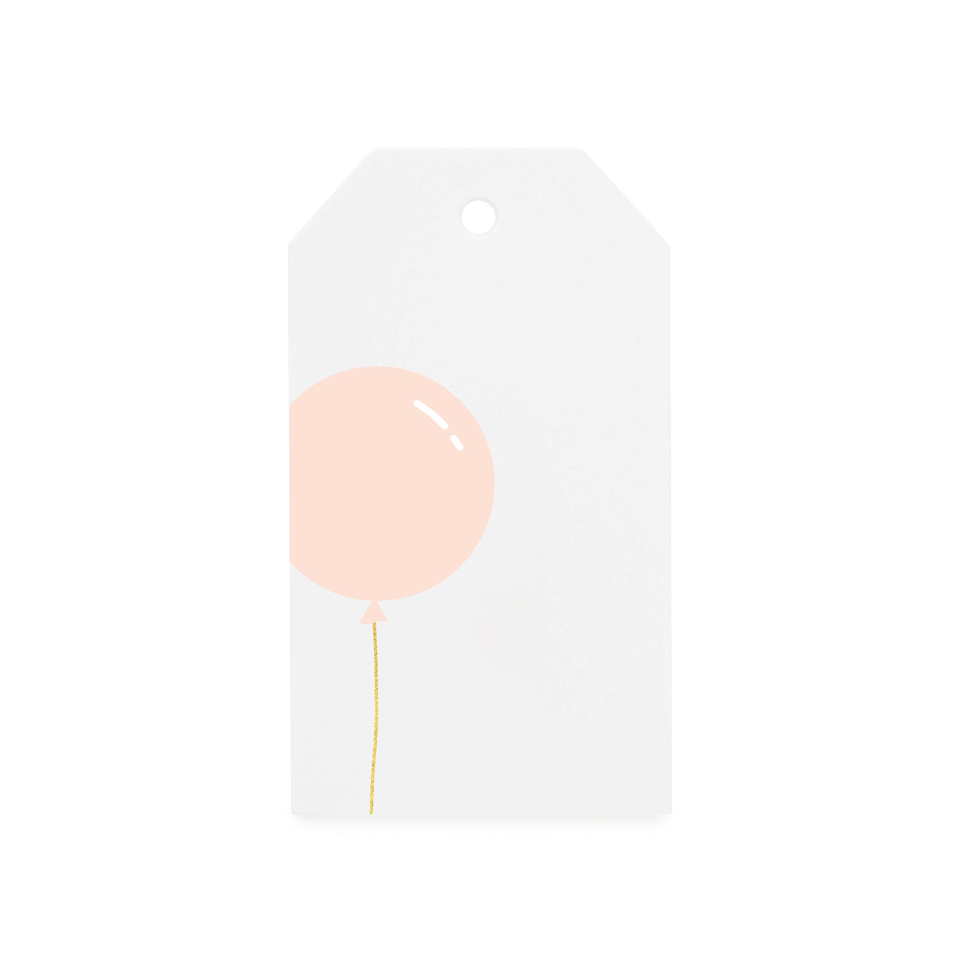 white gift tag with pink balloon and gold foil string