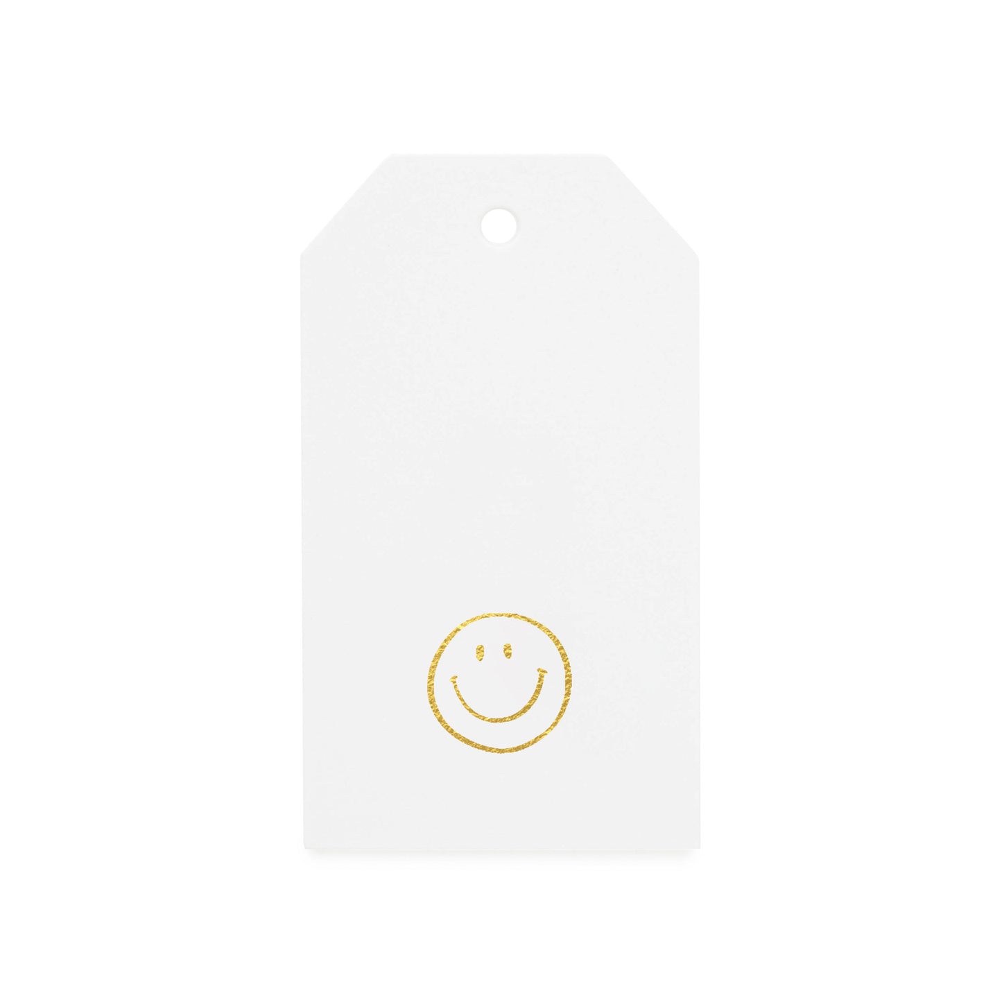white gift tag with gold foil smiley face
