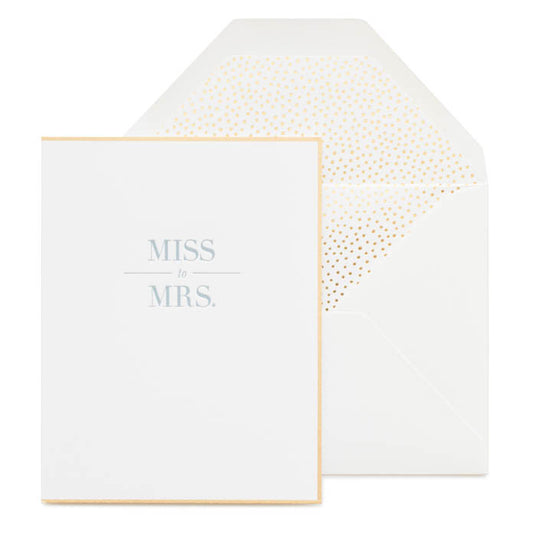 Gold Foil bordered card printed with dusty blue ink "Miss to Mrs" with a gold dot envelope liner