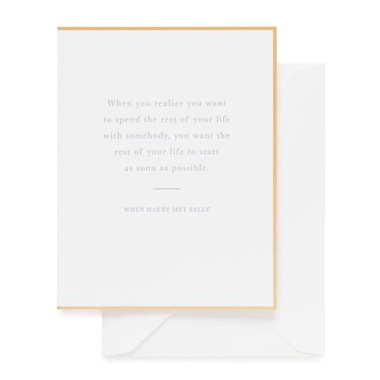 Gold bordered card printed with When Harry Met Sally quote - When you realize...