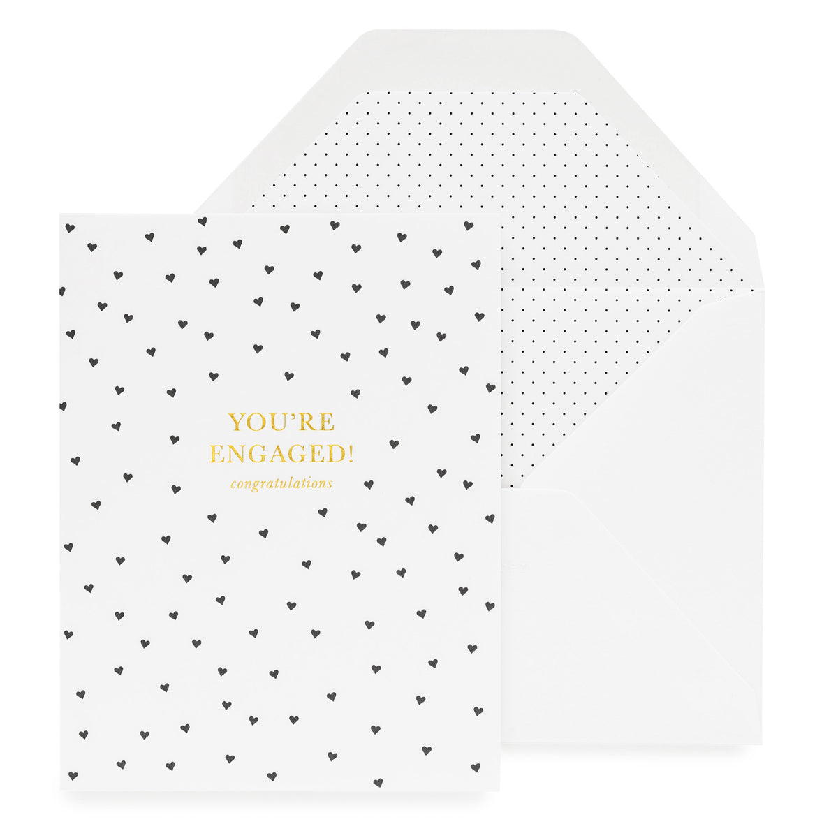 White folded card with black hearts and printed with You're Engaged, Congratulations.