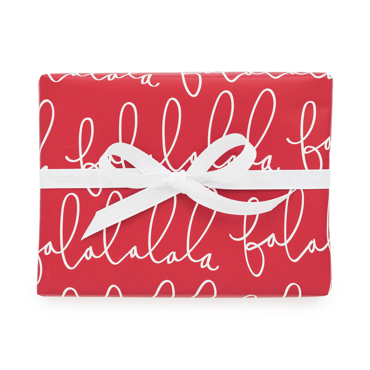 Red wrapping paper with white falalala script