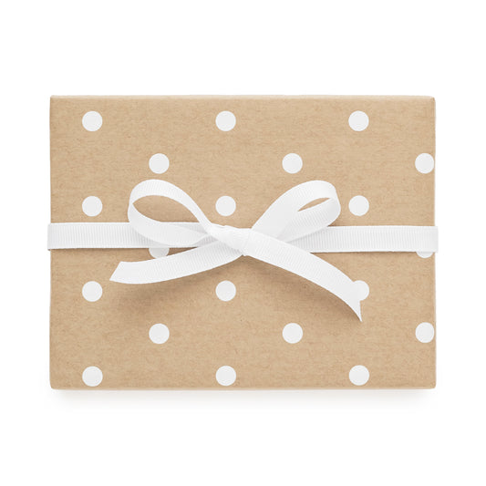 kraft gift wrap with white polka dots, white bow