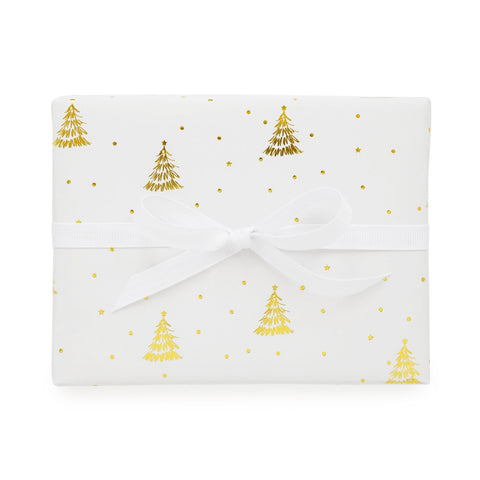 white gift wrap with gold trees and dots