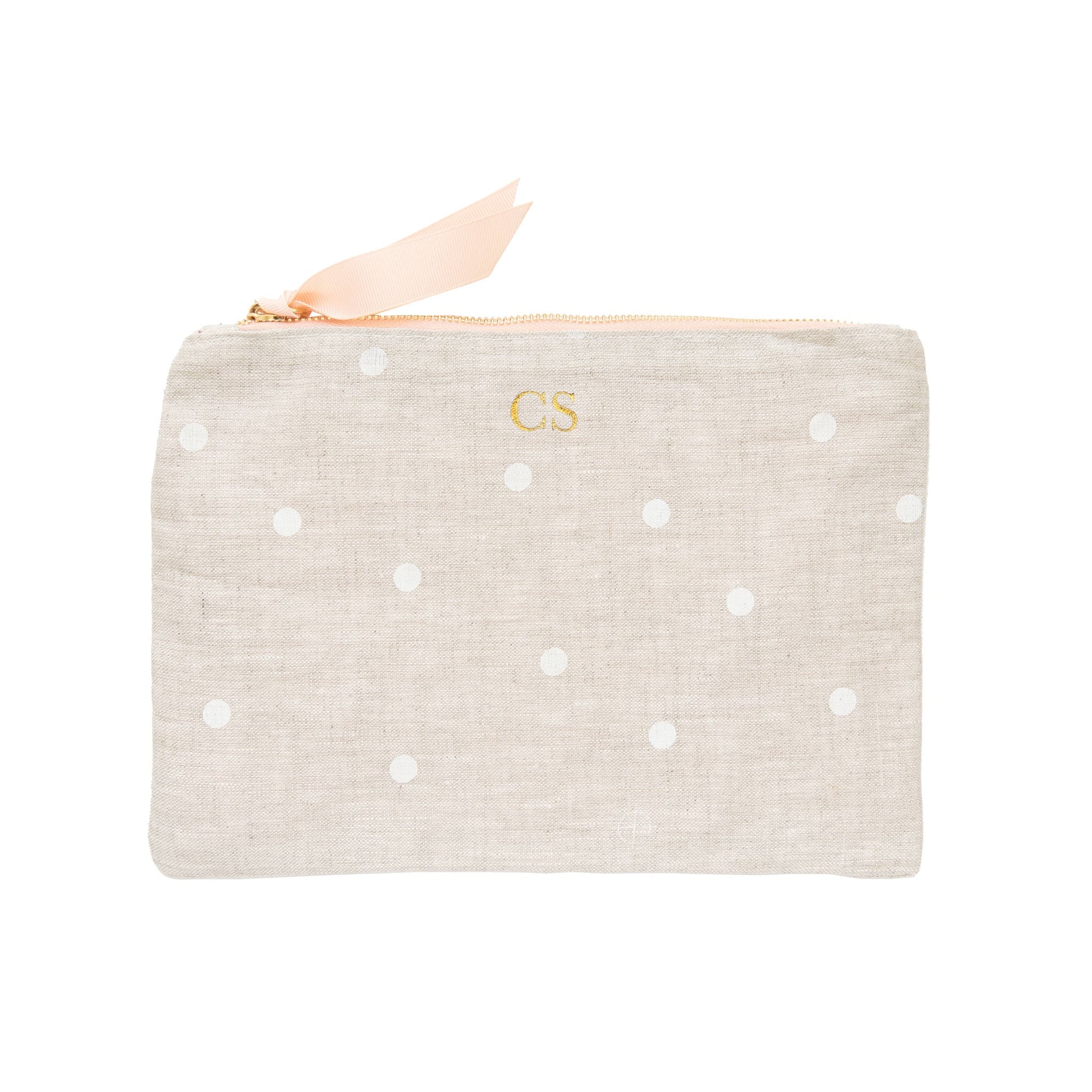 Flax and white dot fabric pouch with gold monogram initials