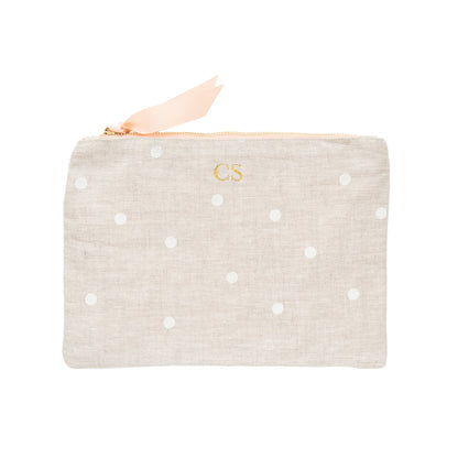Flax and white dot fabric pouch with gold monogram initials
