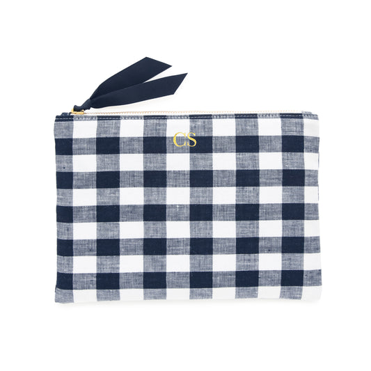 Midnight gingham and white check pouch with ribbon and gold foil monogram
