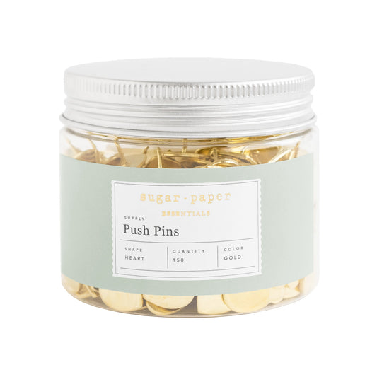 plastic jar of gold heart push pins with silver lid